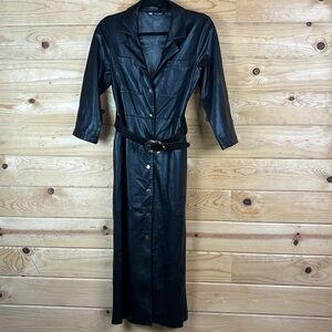 Zara Black Faux Leather Button Down Belted Trench Coat Womens Size Small